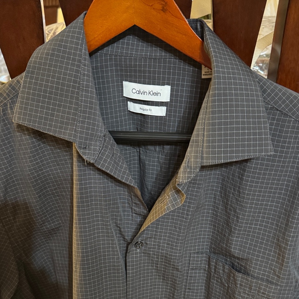 Calvin Klein Men's Charcoal Grid Shirt Mens Large 16-16.5 34/35